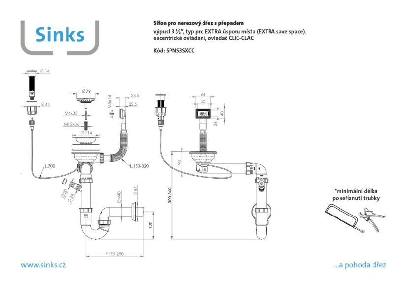 Sifon 3 1/2 " pro nerezové dřezy s extra úsporou místa a s exc. ovladačem (clic-clac)