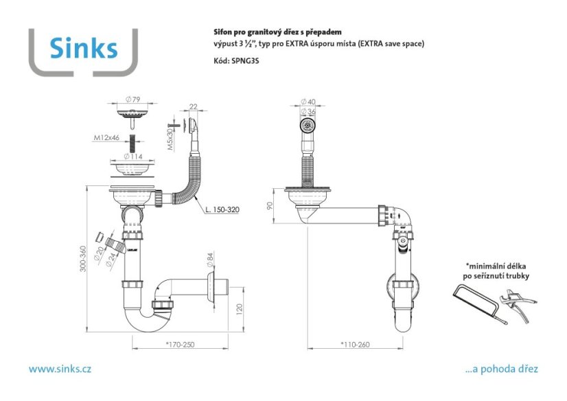 Drezový sifón 3 1/2" pre granitové drezy s úsporou miesta
