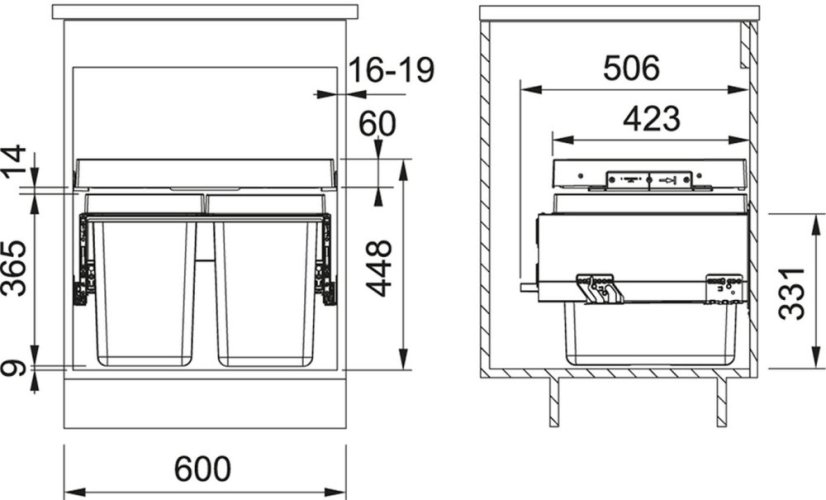Výsuvný odpadkový koš Franke FX 60 26-26 nákres