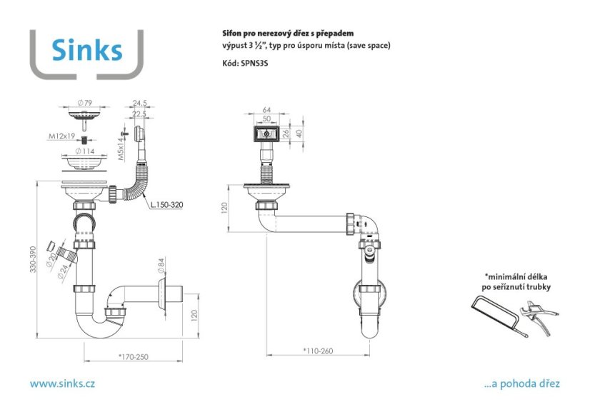 Sifon 3 1/2" pro nerez. dřezy s úsporou místa