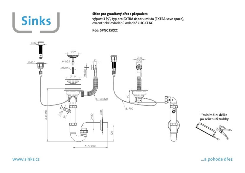 Sifon  3  1/2 " pro granitové dřezy s extra úsporou místa a s exc. ovladačem (clic-clac)