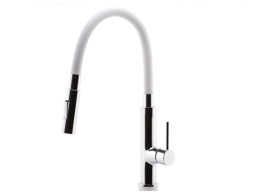 Drezová stojanková batéria s bielym ramenom a sprškou