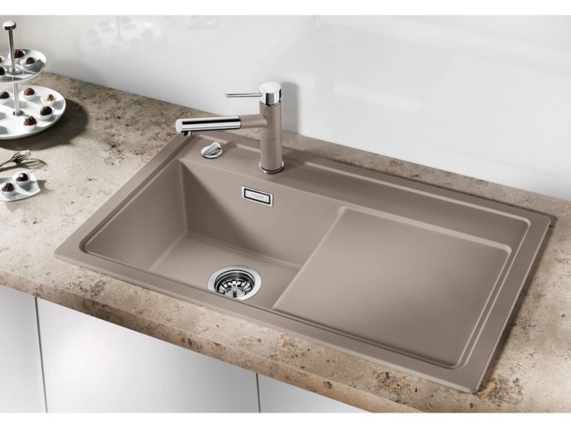 Granitový drez Blanco ZENAR 45 S perlovo šedá drez vľavo s excentrom a drevenou