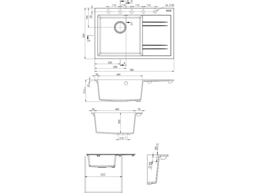Set Sinks Rim 780 L Titanium + Elasta nerez/černá