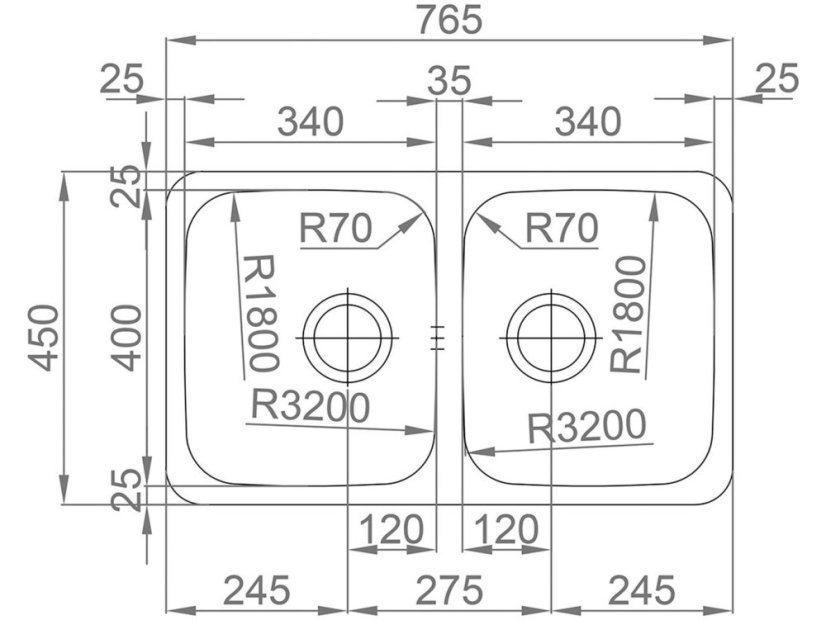 Nerezový dřez Sinks DUO 765 V nákres